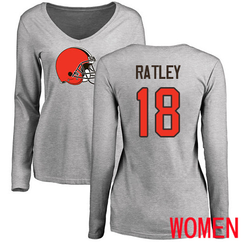 Cleveland Browns Damion Ratley Women Ash Jersey #18 NFL Football Name and Number Logo Long Sleeve T Shirt->women nfl jersey->Women Jersey